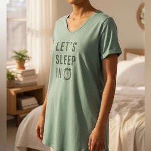👛 (ANY 2/$20) HELLO MELLO Green V Neck Sleep Shirt “Let’s Sleep In”